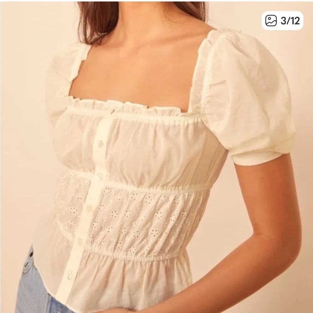 Reformation Ivory Eyelet Puff Sleeve Blouse - Picture 2 of 4